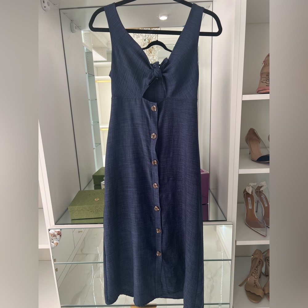 Navy Blue Midi Dress Sleeveless Tie Front